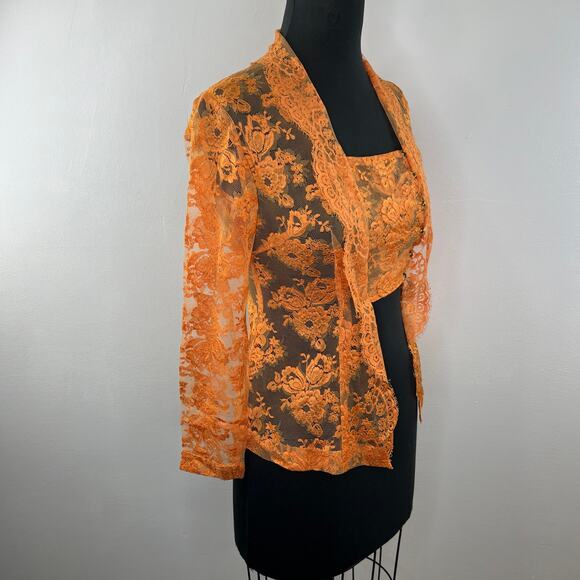 VINTAGE Orange Sheer Lace Scalloped Edge Long Sleeve Bandeau w/ Attached Jacket - Picture 4 of 6